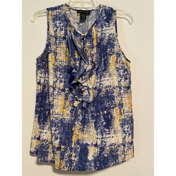 Elena Solano Sleeveless Linen Rayon Large Blouse Ruffle Front Blue Yellow - Picture 2 of 9